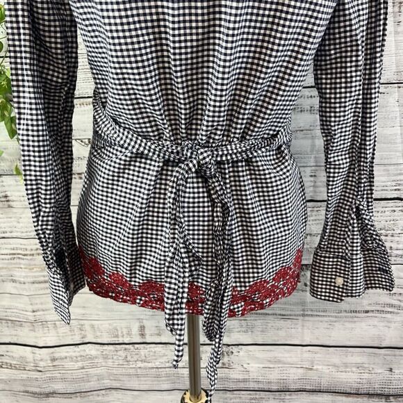 Tommy Hilfiger Blouse size Extra Small Navy Blue White Gingham Red Eyelet Casual - Picture 11 of 13